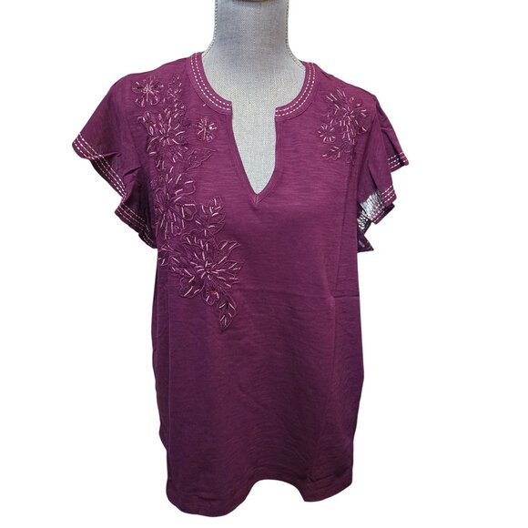 Style & Co Cotton Embroidered Flutter-Sleeve Knit Top 1X NWT Deep Cranberry - Picture 2 of 8